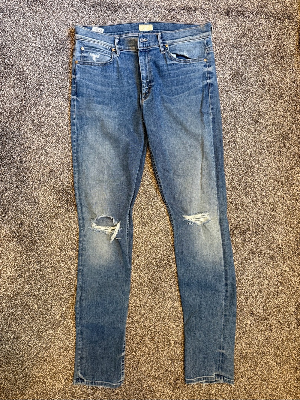 MOTHER Straight Leg Distressed Jeans - Medium Blue